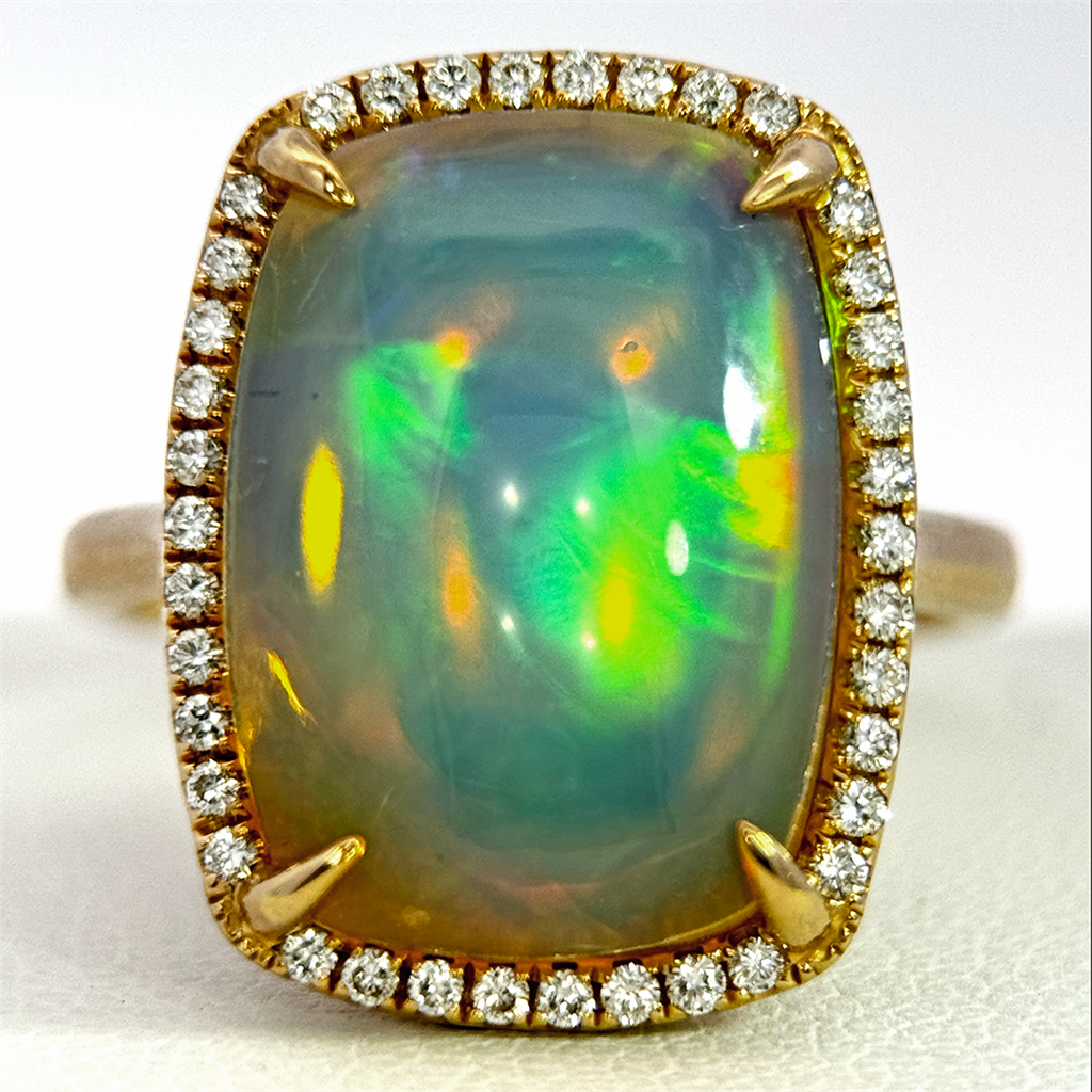 14K Yellow Gold Cushion Cut Opal and Diamond Ring