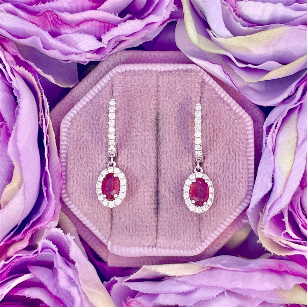 14K White Gold Oval Ruby and Diamond Halo Dangle Earrings