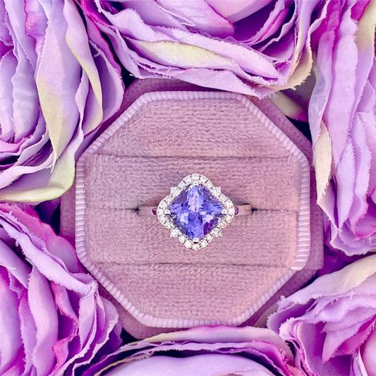 14K White Gold Cushion Cut Tanzanite Ring with Diamond Halo