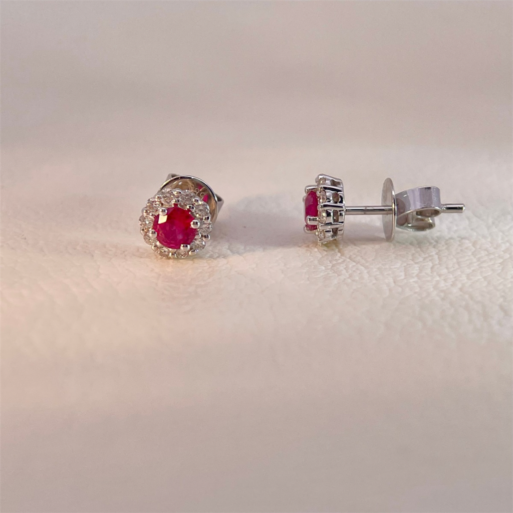 14K White Gold Ruby and Diamond Halo Stud Earrings