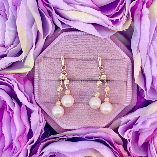 14K Yellow Gold Freshwater Pearl Earrings with Diamond Cut Beads