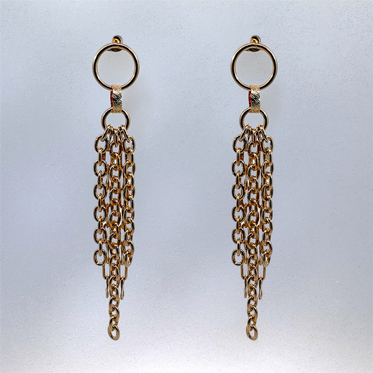 18K Yellow Gold Filled Open Circle with Five Hanging Chain Strands Post Earrings