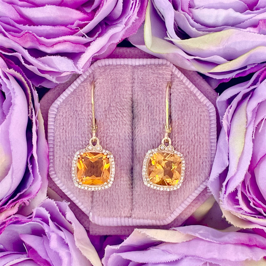 14K Yellow Gold Citrine and Diamond Earrings