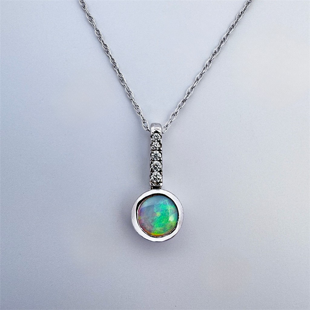 14K White Gold Opal and Diamond Pendant