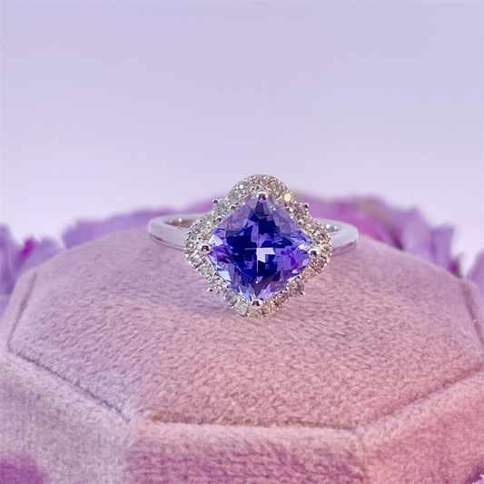 14K White Gold Cushion Cut Tanzanite Ring with Diamond Halo