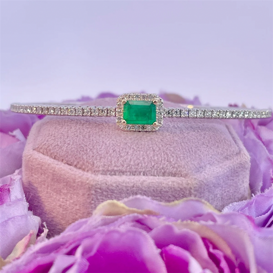 14K White Gold Emerald and Diamond Bangle