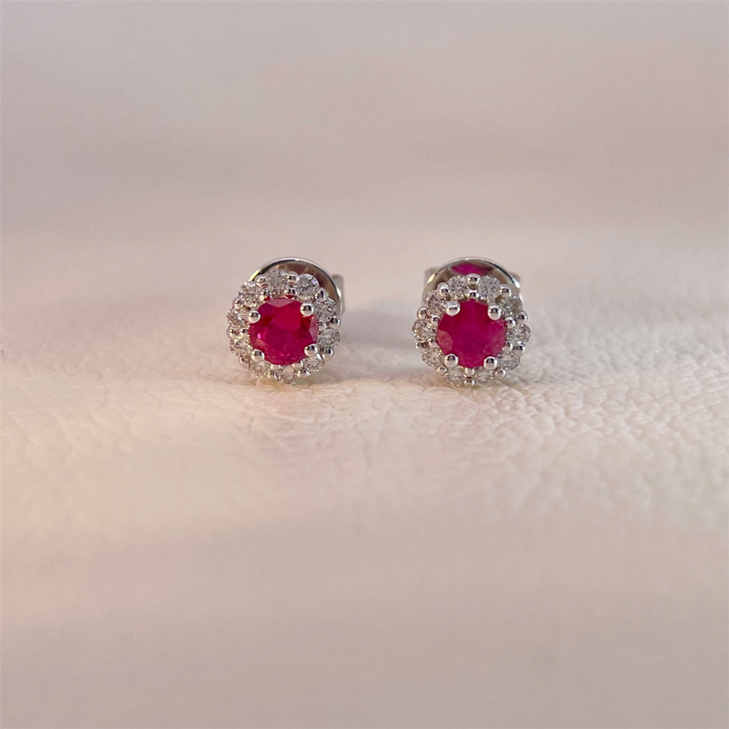 14K White Gold Ruby and Diamond Halo Stud Earrings
