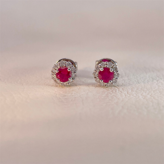 14K White Gold Ruby and Diamond Halo Stud Earrings