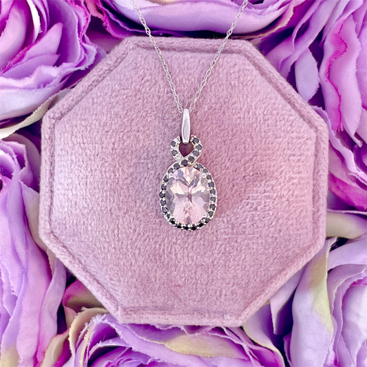 14K White Gold Rose Quartz and Irradiated Black Diamond Pendant