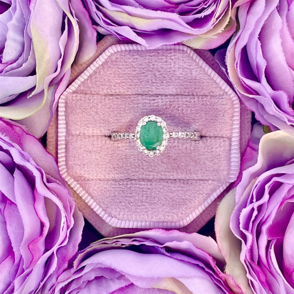 White Gold Emerald and Diamond Halo Ring