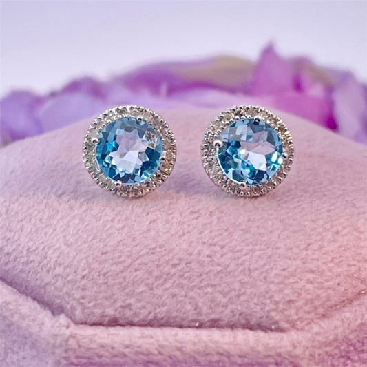 10K White Gold Blue Topaz and Diamond Earrings