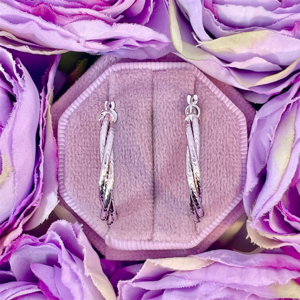 14K White Gold Diamond Cut Double Twist Hoop Earrings