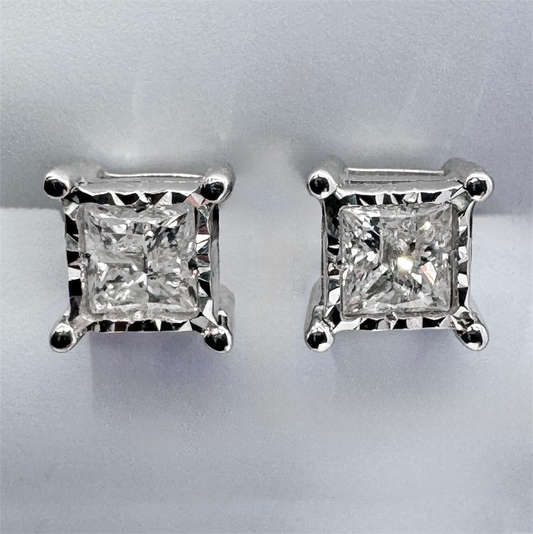 10K White Gold Princess Cut Diamond Illusion Stud Earrings