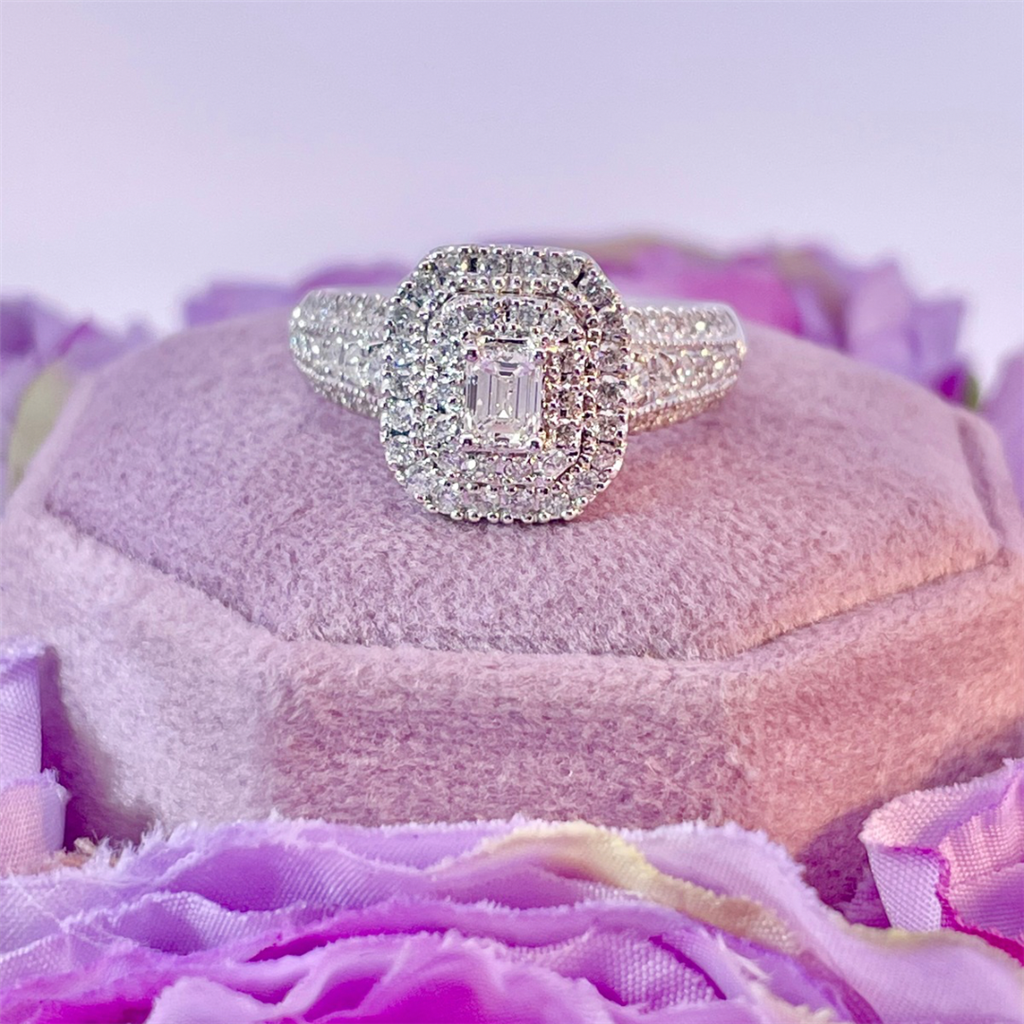 14K White Gold Emerald Cut Natural Diamond Engagement Ring