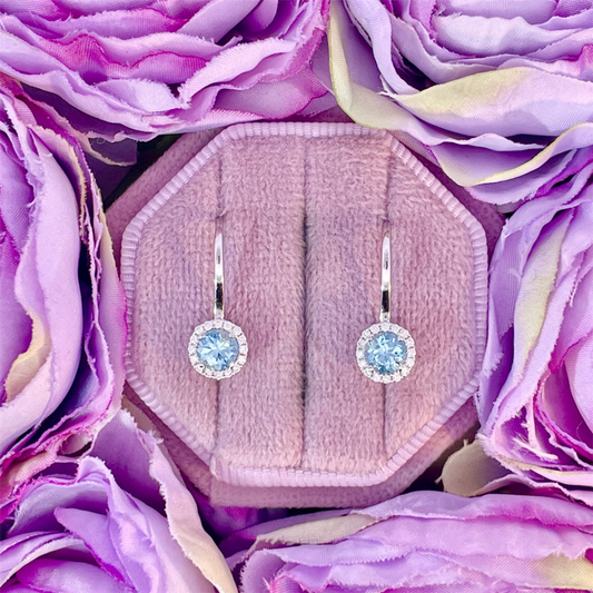 14K White Gold Aquamarine and Diamond Halo Earrings